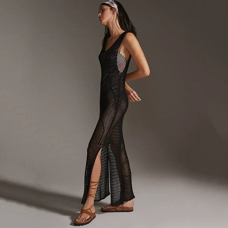 Knitted Beach Cover-up Sexy Hollow Out Cutout Split Vacation Skirt Dress Bikini Cover